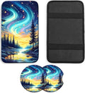 JANENFNA Car Armrest Cover Pads Universal Fashion Cute Auto Center Console Armrest Cover Pad with 2PCS Car Coasters Soft Waterproof Car Armrest Seat Protector for Women,Colorful Aurora