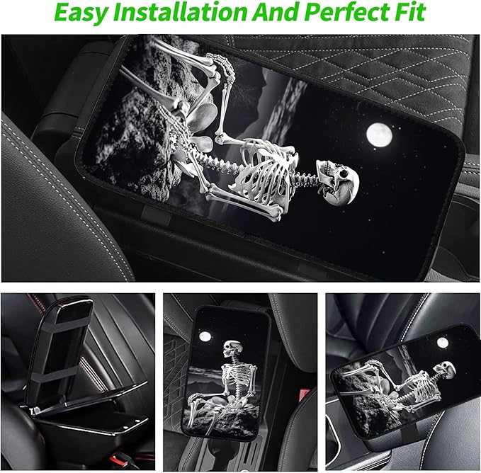 JANENFNA Car Armrest Cover Pads Universal Fashion Cute Auto Center Console Armrest Cover Pad with 2PCS Car Coasters Soft Waterproof Car Armrest Seat Protector for Women,Skeleton
