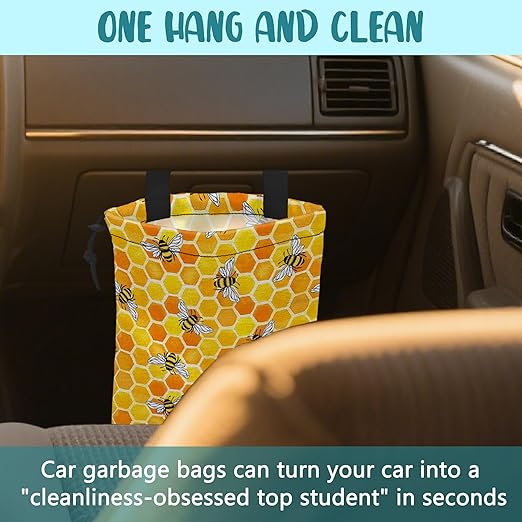 KXWQTRDD Car Trash Bag Watercolor Honeycomb and Bees Leak-Proof Waterproof Car Garbage Bag with Drawstring Foldable Canvas Trash Bin with Adjustable Buckle for Car Accessories, Travelling, Camping