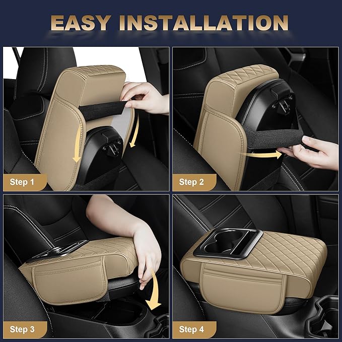 YORKNEIC Center Console Cover Fit for Lincoln Navigator: Car Armrest Cover Storage Bag with 2 Cup Holders - Armrest Cover for Car Waterproof Car Armrest Pad (Beige)
