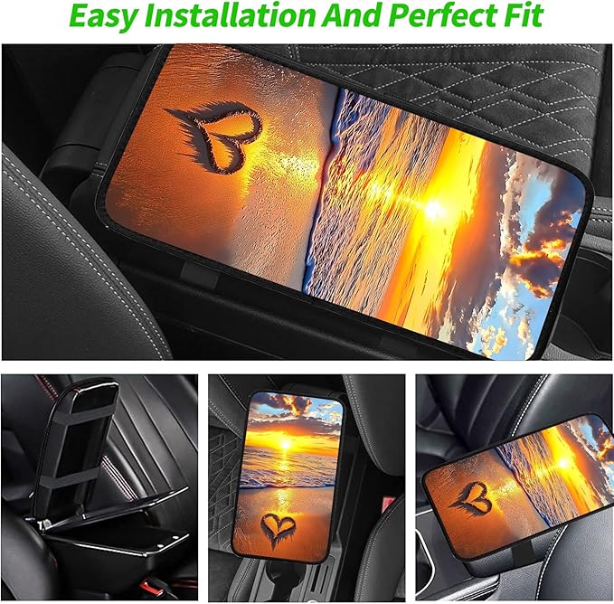 JANENFNA Car Armrest Cover Pads Universal Fashion Cute Auto Center Console Armrest Cover Pad with 2PCS Car Coasters Soft Waterproof Car Armrest Seat Protector for Women,Sunset Heart Beach