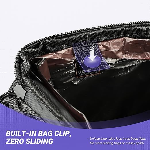 INFIVITA Car Trash Can – Premium Adjustable Strap & Bottom Hook Design with Convenient Top Opening and Bag Storage Pocket
