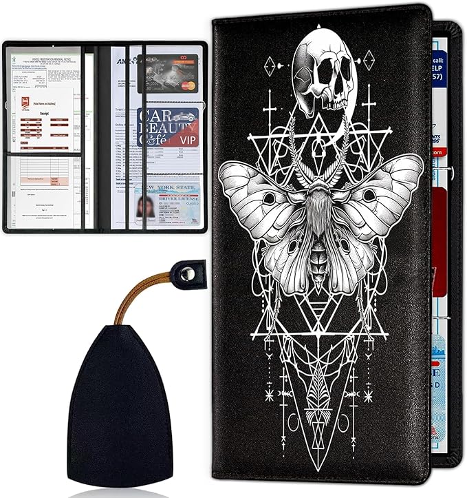 Car Registration Holder, Waterproof PU Leather Vehicle Card Document Glove Box Organizer, Women Interior Auto Accessories Case for Cards, Driver License Car Insurance Holder, Moth Skull Design Pattern