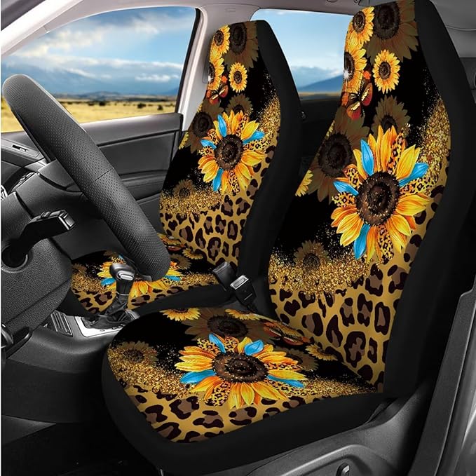 Dngkaoje Leopard Sunflower Car Seat Covers Full Set 13 Pcs Hippie Sunflower Car Accessories Set with Hanging Trash Can,Seatbelt Shoulder Pads,Steering Wheel Covers,Fit for Most Truck SUV