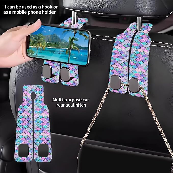 Car Headrest Purse Hanger Watercolor Mermaid Fish Scale 1 Pack Bag Purse Holder for Car Premium Leather Double Metal Hook for Handbags, Grocery Bags and Phones