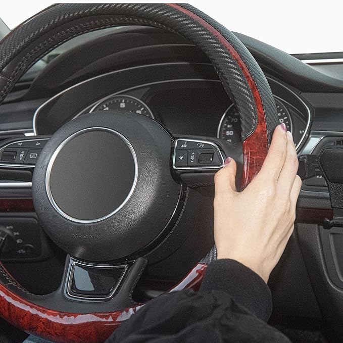 Xizopucy Wood Grain Steering Wheel Cover Red Universal Microfiber Leather, Suitable for 14 1/2-15 inch Comfortable Anti-Slip, Good Breathable and Odorless Car Steering Wheel Cover…