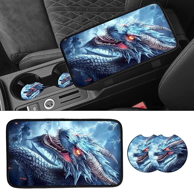 JANENFNA Car Armrest Cover Pads Universal Fashion Cute Auto Center Console Armrest Cover Pad with 2PCS Car Coasters Soft Waterproof Car Armrest Seat Protector for Women,Ice Dragon