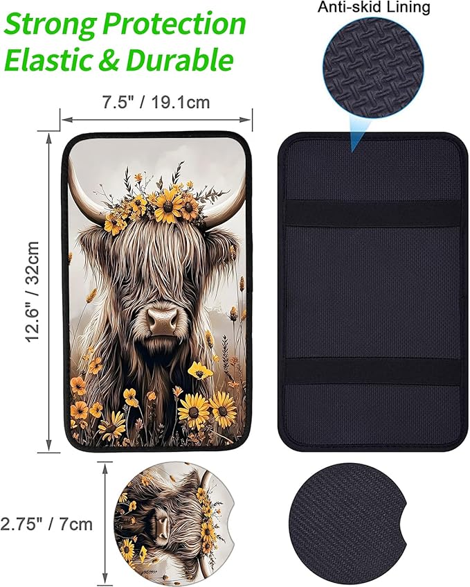 JANENFNA Car Armrest Cover Pads Universal Fashion Cute Auto Center Console Armrest Cover Pad with 2PCS Car Coasters Soft Waterproof Car Armrest Seat Protector for Women,Cow Flower Crown