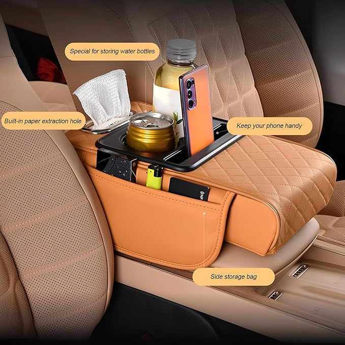 Car Center Console Armrest Pillow, Memory Foam Leather 4 in 1 Vehicle Arm Rest Cover with Tissue Box 2 Side Storage Bag Cup & Phone Holder, Auto Armrest Cushion, Universal Fit (Orange)