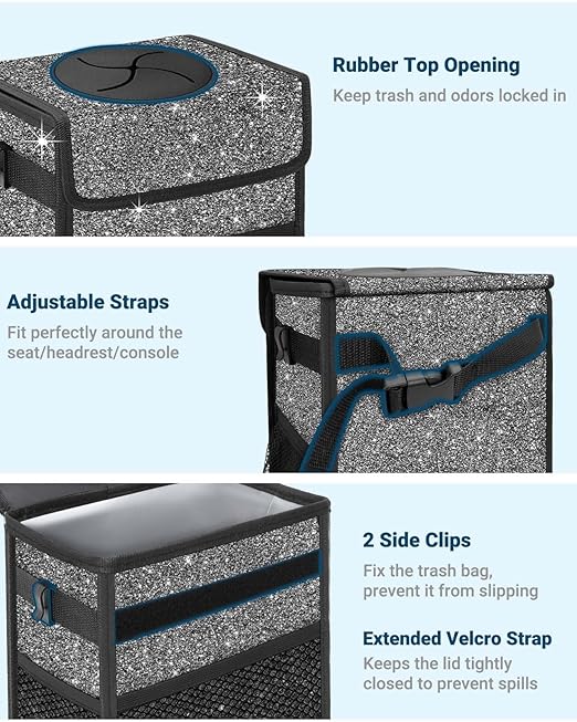 Capolo Car Trash Can with Lid, Leakproof Car Trash Bag Hanging Waterproof Automotive Garbage Can with Storage Pockets Mini Vehicle Trash Bin for Back/Front Seat(Sparkly Black,2.5 Gallon)