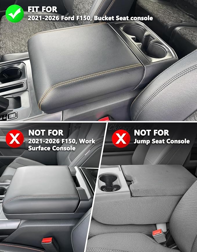 KBH Center Console Armrest Cover for Ford F150 2021 2022 2023 2024 2025 2026, PU Leather Interior Accessories, Middle Console Lid Protector, Arm Rest Cushion Thick Pad, Black (Fits Bucket Seat Only)