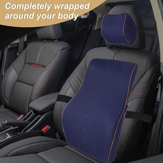 HARFINGTON Car Headrest & Lumbar Support Pillow Kit Memory Foam Ergonomic Seat Headrest & Lumbar Cushion for Driving Office Car Seat, Navy