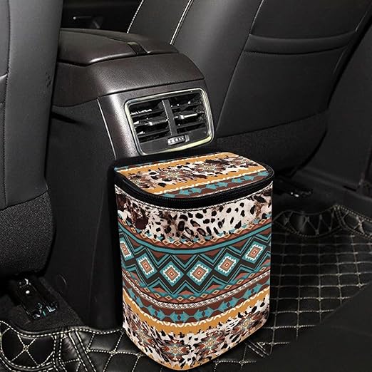 Southwestern Tribal Aztec Cowhide Hanging Trash Can for Car,Leak Proof Multipurpose Trash Bin Can with Lid,Universal Fit Most Vehicle