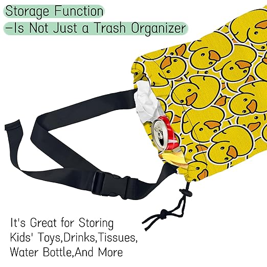 Yellow Duck Car Garbage Bag,Rubber Duck Waterproof Small Car Trash Bag Hanging Back of Seat,Drawstring Hanging Car Trash Bag with Adjustable Buckle for Car Accessories