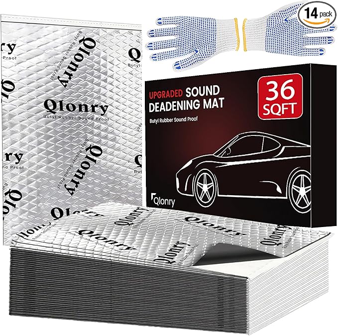 Qlonry Upgrade Car Sound Deadening Mat, 14 Pcs 80mil (2mm) 36 sqft (3.36 sqm) Butyl Automotive Sound Deadener, Noise Insulation and Vibration Dampening Material with Silicone Raised Gloves