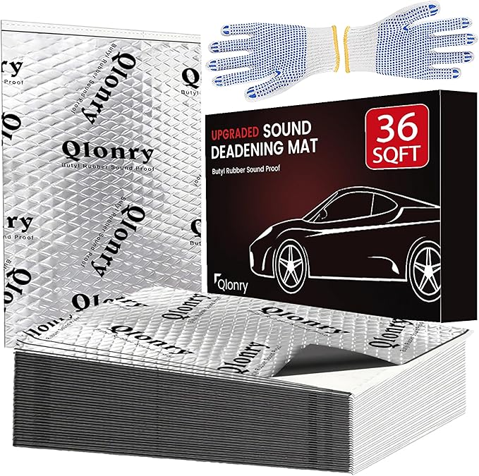 Qlonry Upgrade Car Sound Deadening Mat, 28 Pcs 80mil (2mm) 72 sqft (6.72 sqm) Butyl Automotive Sound Deadener, Noise Insulation and Vibration Dampening Material with Silicone Raised Gloves