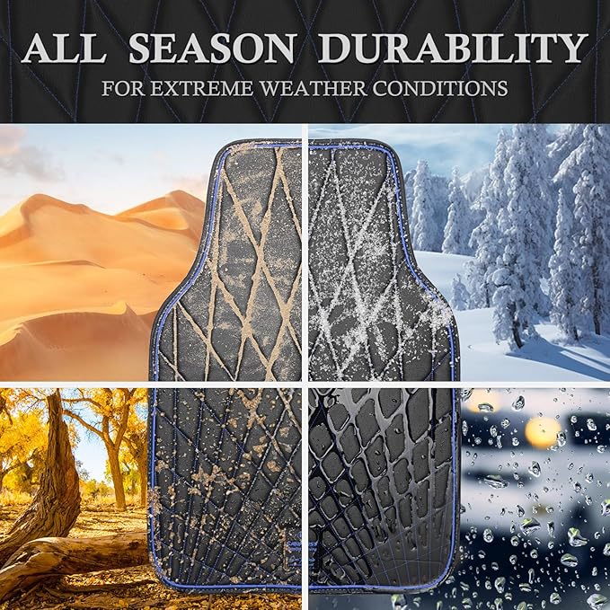 CAR PASS Faux Leather Floor Mats for Cars, Luxury Waterproof All Weather Car Mats Full Set, Anti-Slip Deluxe Automotive Mats Universal Fit for Most SUV,Vans,Sedans,Trucks, 4 Piece Black and Blue