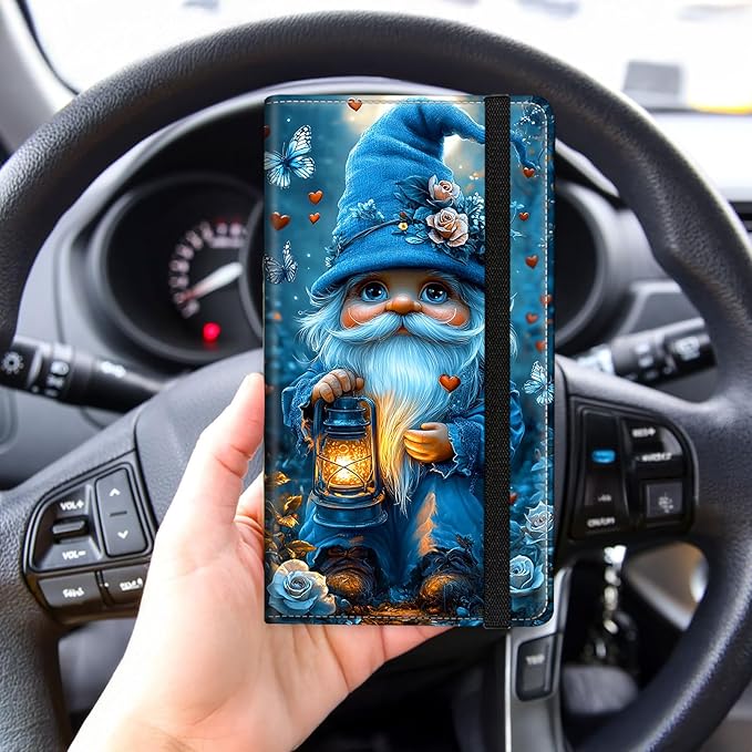 Tudguiloae Car Registration and Insurance Card Holder, Trunk Document Holder Organizer, Essential Vehicle Glove Box Organizer PU Leather Wallet for Driver,Blue Gnome Butterfly