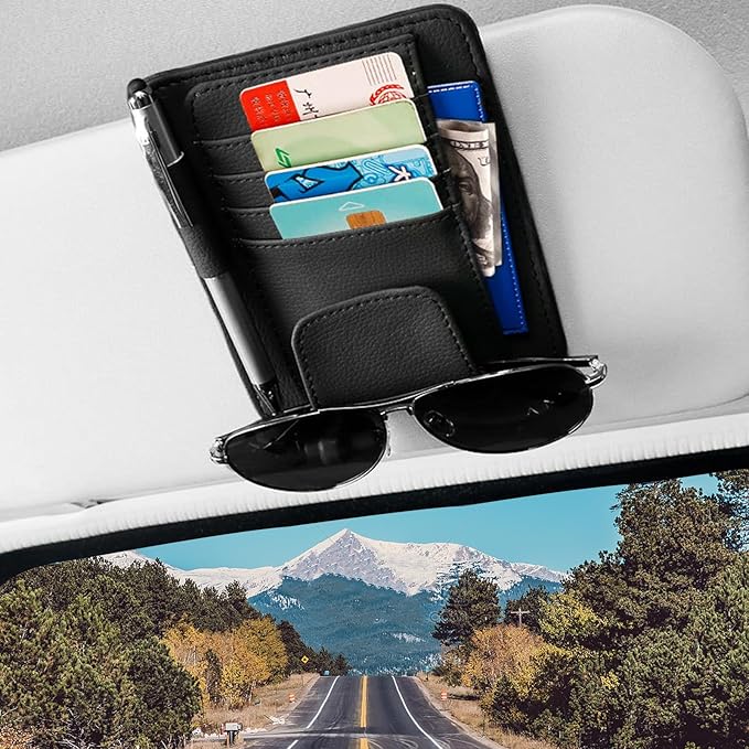 Car Sun Visor Organizer Holder with Clip, Auto Storage Pocket Sun Visor Pouch for Sunglasses, Credit Card, License Registration, Document, Pen, Key