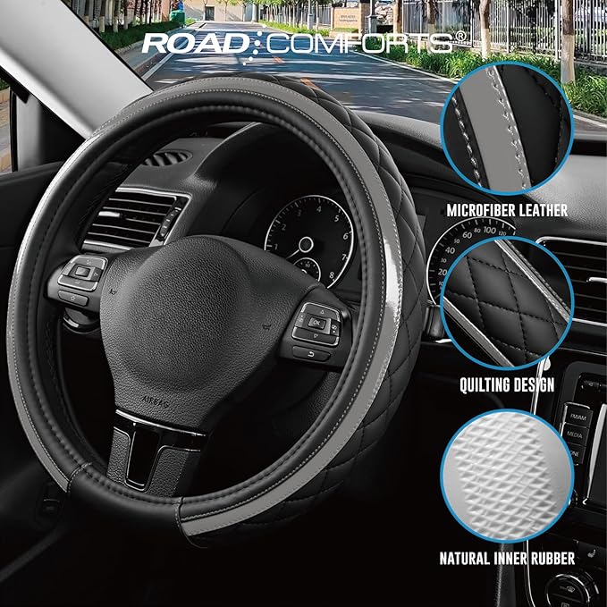 Road Comforts Leather Steering Wheel Cover – Black & Gray, Universal Fit 14.5-15 Inch, Microfiber Leather, Anti-Slip & Breathable Design for Men and Women