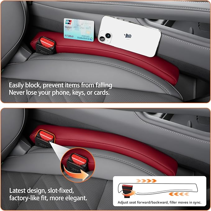 POKSRI Car seat Gap Filler, 2 Pack Leather Gap Organizers Stop Things from Dropping into The Gap Between seat and Console, Adjustable Width 1.4-2.4 inches Fits Most car/Truck/SUV, Accessories(Wine)