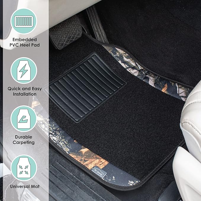 FH Group Automotive Floor Mats – Universal Fit Premium Carpet Car Mats with Driver Heel Pad, Full Set for Cars, SUVs & Trucks - Camo