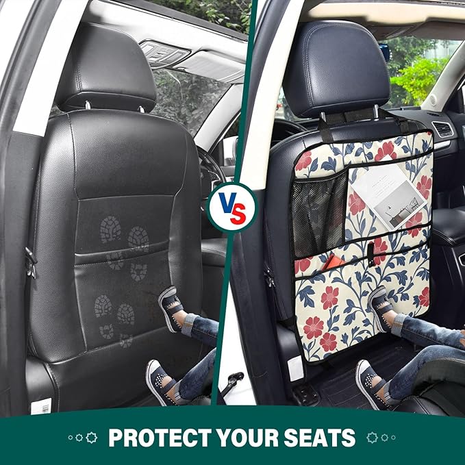 Red and Blue Floral Pattern 2 Pack Multifunctional Car Seat Back Organizer, Backseat Kick Protectors Vehicle Storage Bag with Tablet Holder