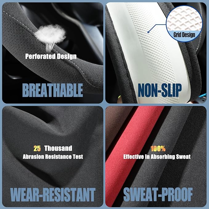 Gray Faux Suede Steering Wheel Cover, Breathable Non-Slip Sweat-Proof Wear-Resistant No Pilling, Warm in Winter and Cool in Summer, Universal 15 inch