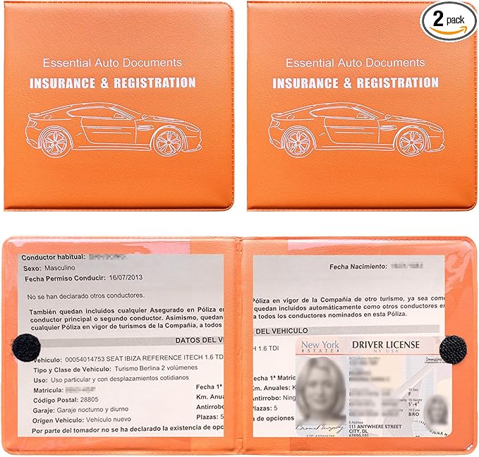 Ziciner Car Registration Insurance Holder, 2Pack Essential Auto Card Document Glove Box Organizer with Touch Fastener, Vehicle Interior Accessories Perfect for Most Car, Truck, SUV (Orange/Big Car)