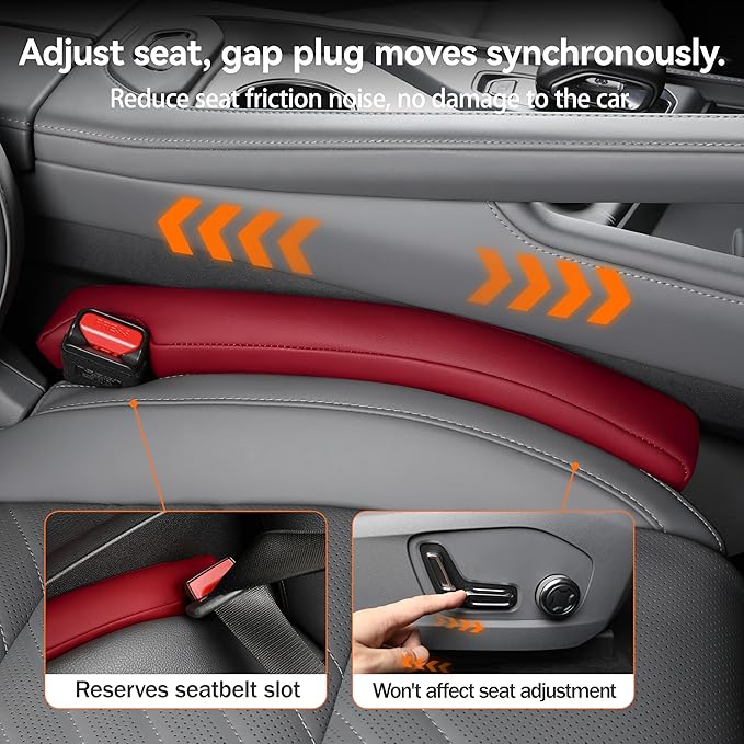 POKSRI Car seat Gap Filler, 2 Pack Leather Gap Organizers Stop Things from Dropping into The Gap Between seat and Console, Adjustable Width 1.4-2.4 inches Fits Most car/Truck/SUV, Accessories(Wine)