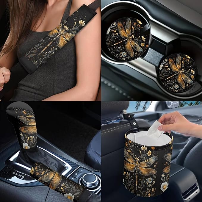 Dngkaoje Art Dragonfly Car Seat Accessories Full Set 13 Pcs Dragonfly Print Car Seat Covers Set for Front Back,Universal Auto Accessories with Hanging Vehicle Trash Bin,Seatbelt Pads,Armrest Pad