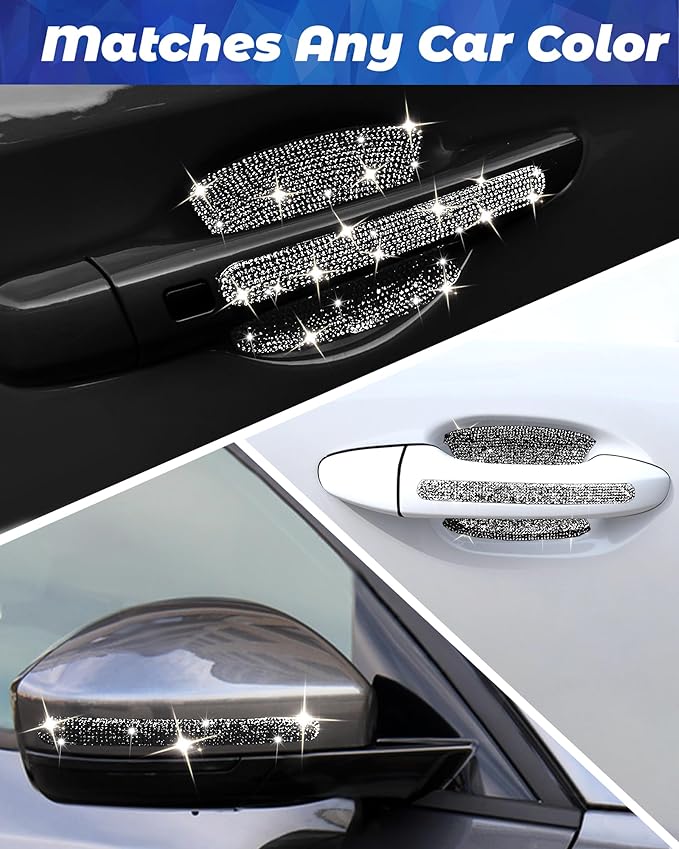 Bling Car Door Handle Protector, 10 PCS, Black Sparkling Rhinestone Cars Door Protective Cover, Anti-Scratch Auto Handles Sticker, Universal Bling Car Accessories for Women