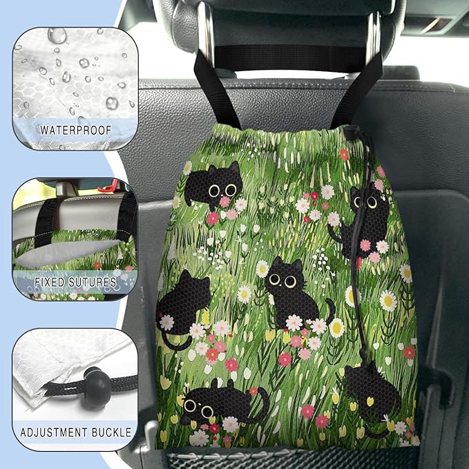 GEGEPINK Car Trash Bag Hanging Back of Seat Waterproof Small Cute Printed One-Handed Strap Drawstring Garbage Bags for Car-Black Cat Floral