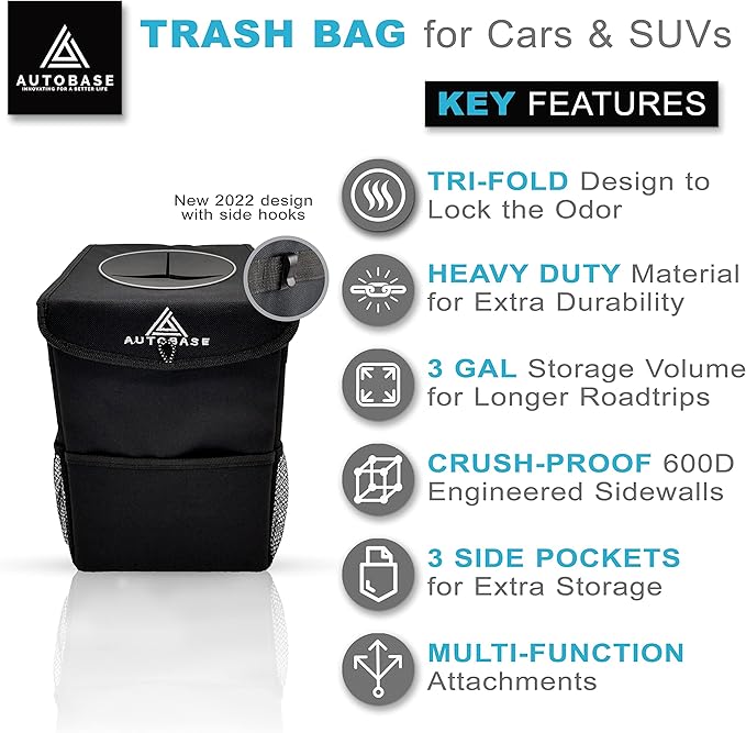 Autobase Trash Can for Car | Truck SUV Trash Bin Large 3 Gallon Size | Road Trip Must Haves | Car Gifts for Dad, Him or Her