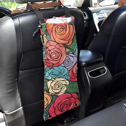 ALAZA Hanging Car Trash Bags Garbage Bag Trash Can for Back Seat Small Roses Abstract Washable Storage Bag Retractable 2 Pack