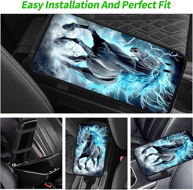 JANENFNA Car Armrest Cover Pads Universal Fashion Cute Auto Center Console Armrest Cover Pad with 2PCS Car Coasters Soft Waterproof Car Armrest Seat Protector for Women,Lightning Mane Horse