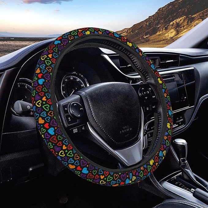 FeHuew Doodle Rainbow Hearts Steering Wheel Cover for Women, Girls 15 inch Universal Auto Car Anti Slip Wrap Steering Wheel Covers Fit for Vehicles, Truck, SUV