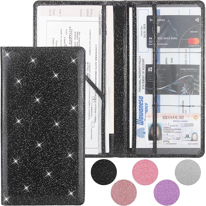 Car Registration and Insurance Holder, Premium Leather Insurance and Registration Holder,vehicle Glove Box Car Organizer, with Magnetic Shut for Cards, Driver License (Glitter Black)
