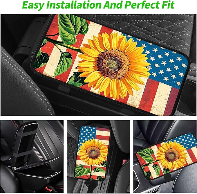 JANENFNA Car Armrest Cover Pads Universal Fashion Cute Auto Center Console Armrest Cover Pad with 2PCS Car Coasters Soft Waterproof Car Armrest Seat Protector for Women,Flag Sunflower