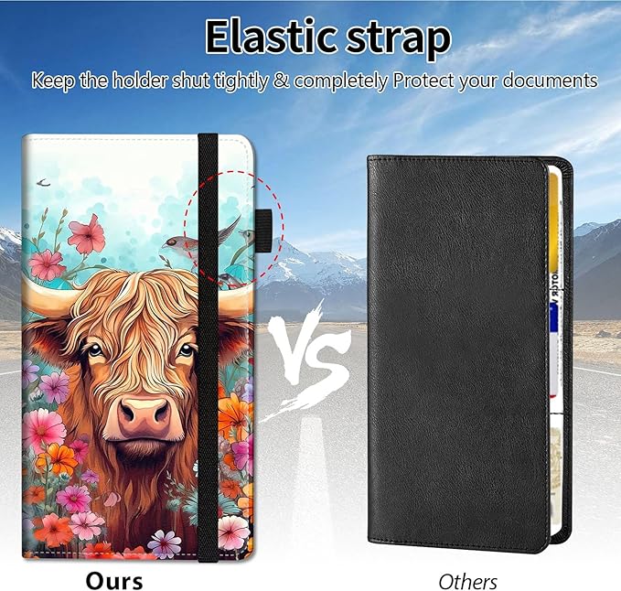 Qindaiwen Car Registration and Insurance Holder, Vehicle Card Document Elastic Band Closure Glove Box Organizer, Driver License Cards, Car Accessories for Essential Info, Cow Flowers