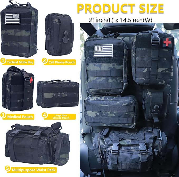 Universal Tactical Seat Back Organizer Vehicle Molle Panel Organizer Storage Bag with 5 Detachable Molle Pouch for All Vehicel Such as Jeep,Truck,SUV, Car, Ford,Chevy etc