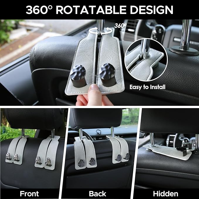 URIZZD 4 PCS Leather Car Seat Hooks for Headrest, Vehicle Hanger Storage Organizer Universal for Handbag Purse, Car Accessories Gift (Grey-Black-4 PCS)