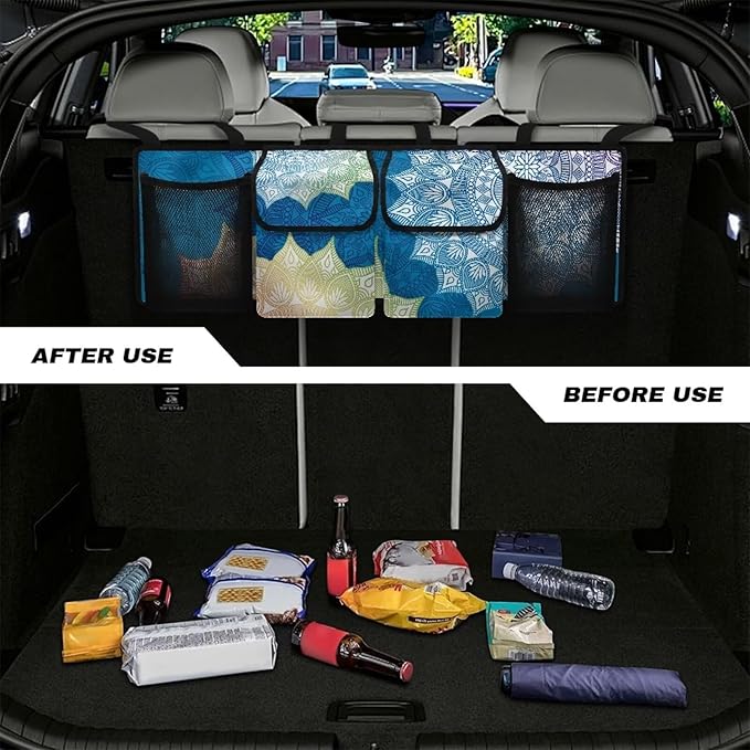 Mandala Car Trunk Organizer,Super Capacity Car Organizer SUV, Equipped with Robust Elastic Net, Hanging Car Storage Organizer with Lids, Space Saving Expert