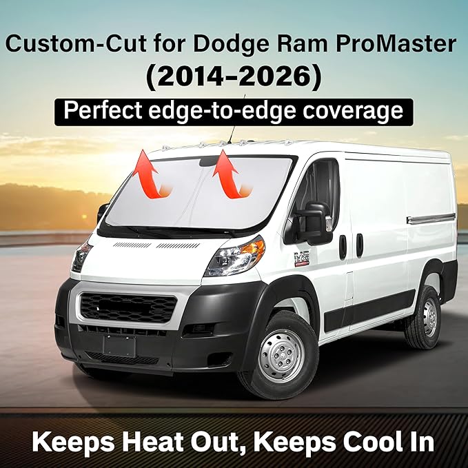 EcoNour Windshield Sun Shade Compatible for Dodge Ram ProMaster 2014–2026 | Van Front Window Sun Visor Protector | Foldable 4-Layer Sunshade | Blocks UV Rays & Keeps Cabin Cooler
