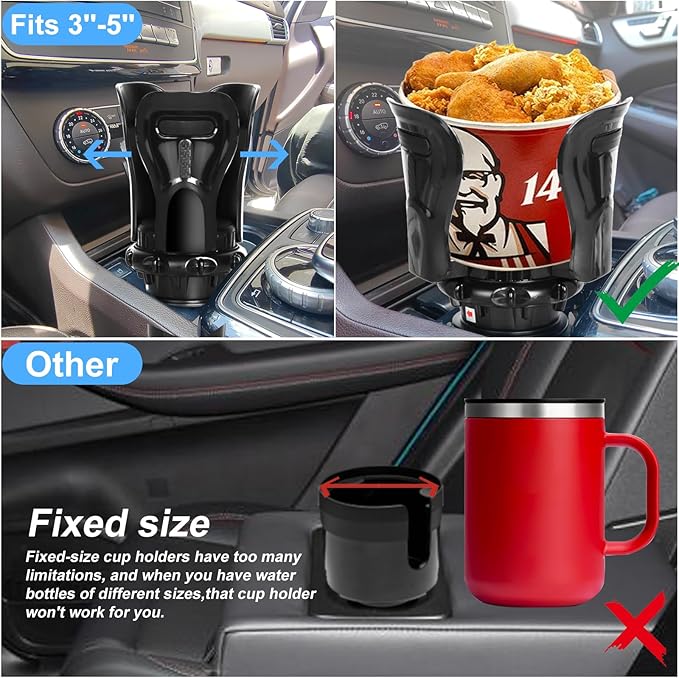 Car Cup Holder Expander, Cup Holder Insert Adapter with Expandable Arm and Adjustable Base,Fits Car, Truck, RV, SUV 12-64 oz and Big Bottles Mugs in 3'' - 6.2''Most Coffee Mugs Bottles,Cups