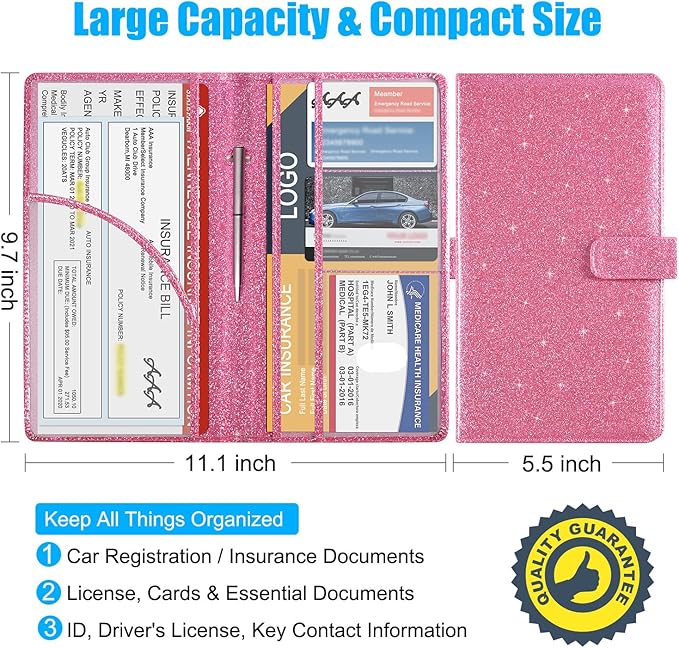 DMLuna Car Registration and Insurance Holder, Leather Vehicle Card Document Glove Box Organizer, Auto Truck Compartment Accessories for Essential Information, Driver License Cards, Glitter Pink