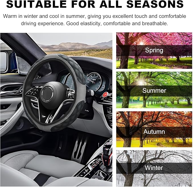 Car Steering Wheel Cover, 15 Inches Non-Slip Leather Car Steering Wheel Protector, Universal Steering Wheel Soft Cover Mats for Car Truck SUV, Interior Car Accessories (Gray)