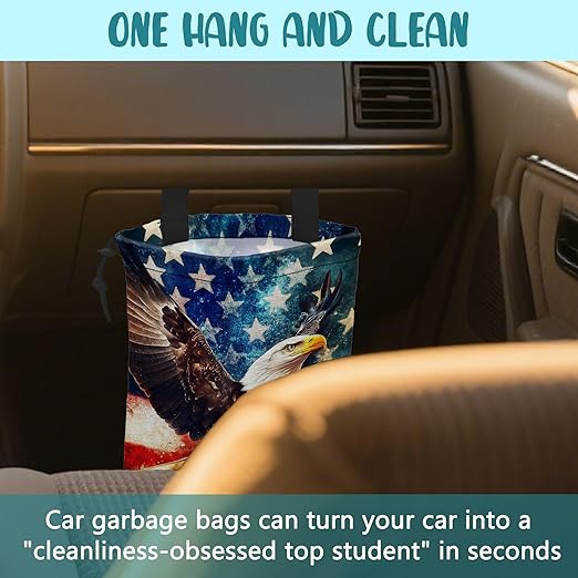 KXWQTRDD Car Garbage Bag Bald Eagle American Flag Drawstring Car Trash Bag Hanging for Back Seat with Adjustable Buckle Canvas Vehicle Trash Can Easy-to-Install