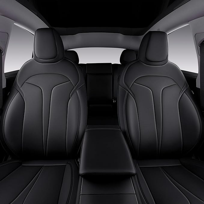 OURPLOT Custom Fit Seat Covers for 2025 2026 Tesla Model Y Juniper (5-Seater), Waterproof Breathable Nappa Leather, OEM Factory Style Full Set Car Seat Protectors Airbag Compatible - Black