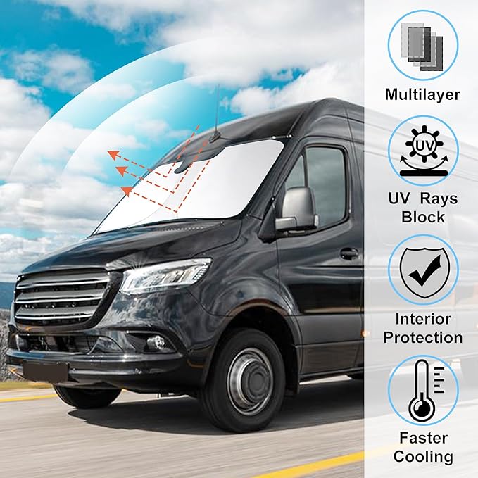 Windshield Sun Shade Foldable Sun Visor Protector Custom Fit 2007-2024 2025 Mercedes Benz Sprinter Freightliner Cargo Crew Passenger Motorhome Accessories